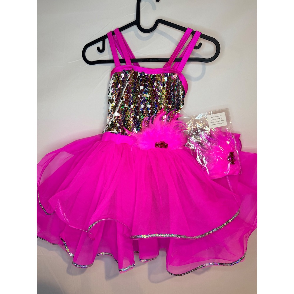 Weissman Kids Hot Pink Sequin Feather Tulle Dance Recital Costume IC
